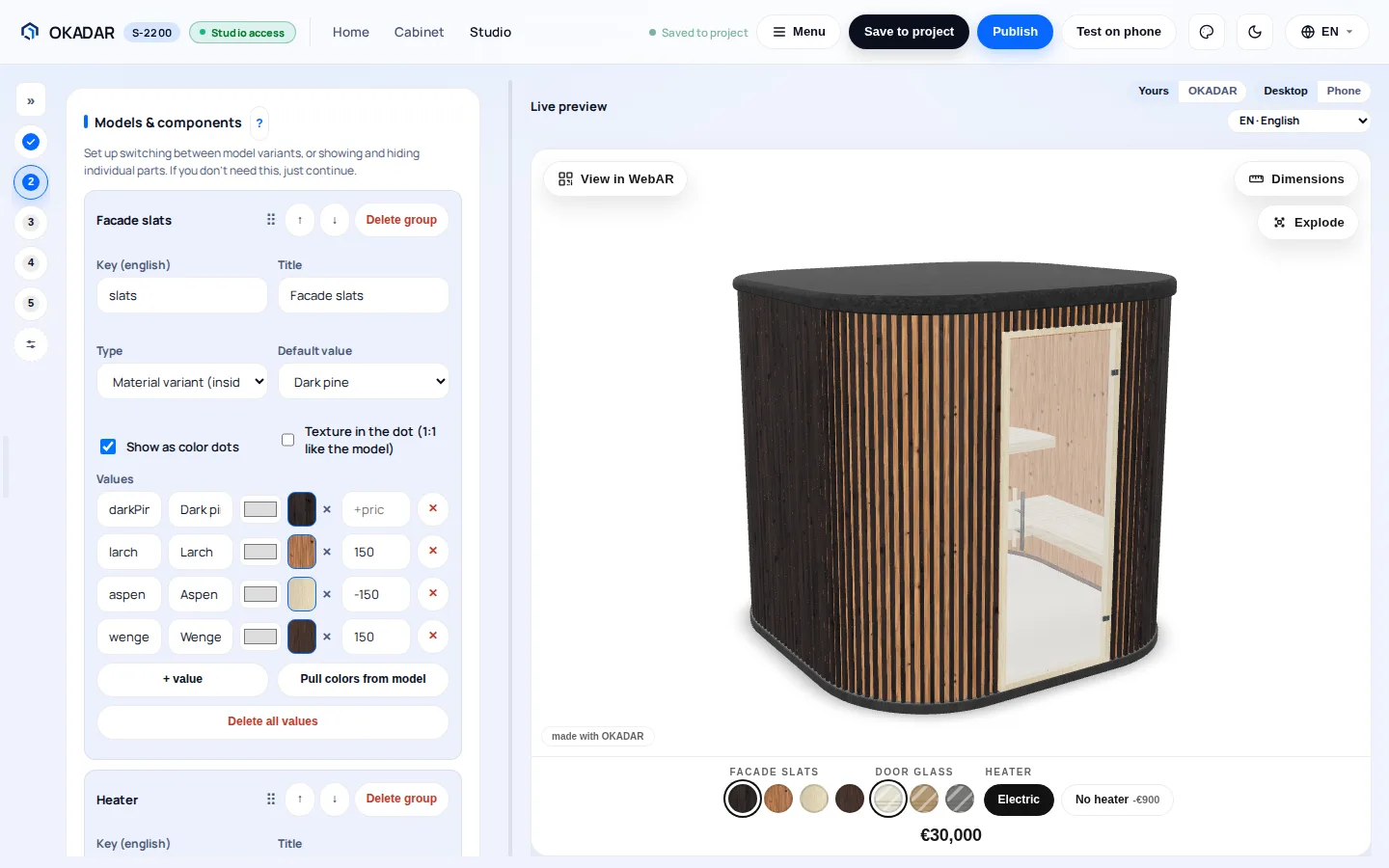 OKADAR Studio interface: setting up model variants