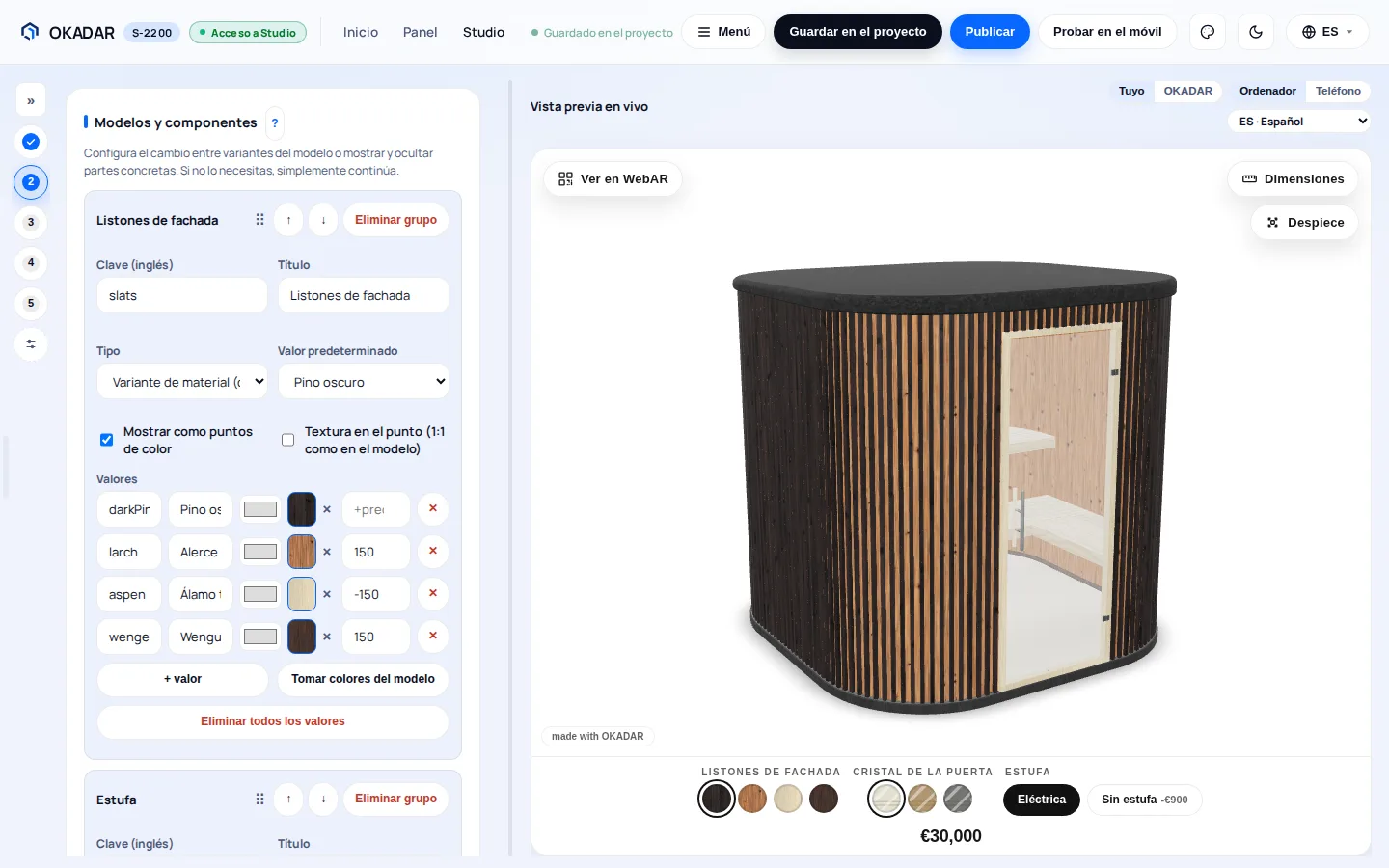 Interfaz de OKADAR Studio: configuración de las variantes del modelo