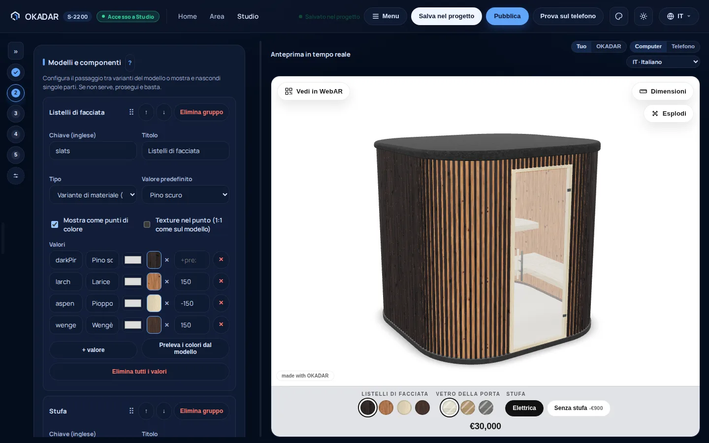 Interfaccia di OKADAR Studio: configurazione delle varianti del modello