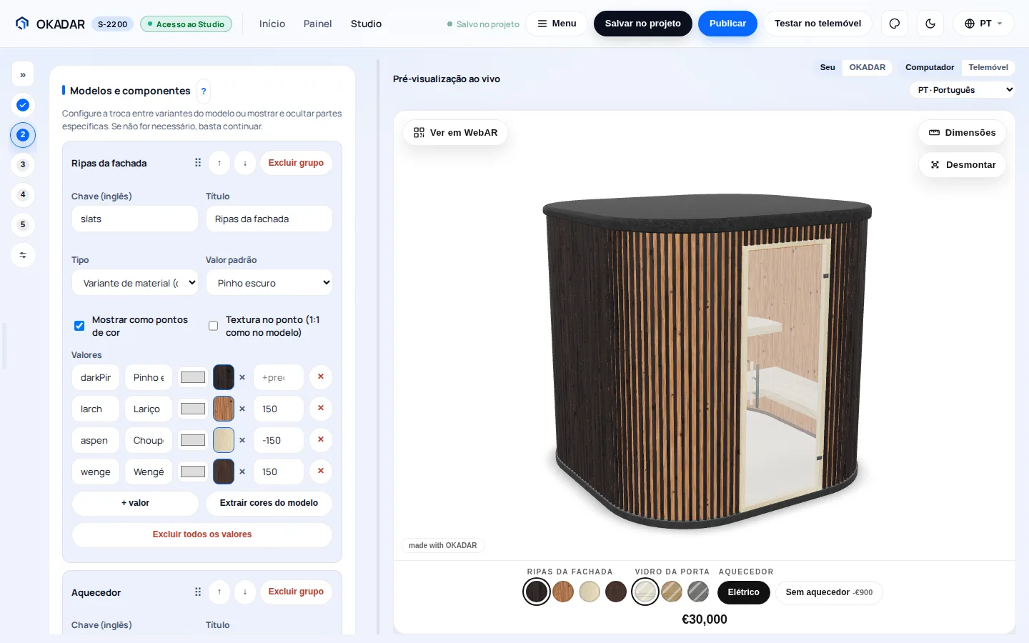 Interface do OKADAR Studio: definição das variantes do modelo